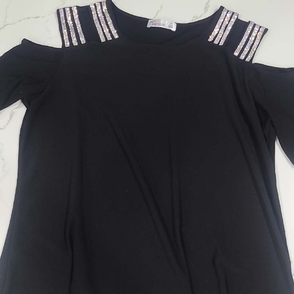 Madison Black Cold Shoulder Blouse with Embellished Straps